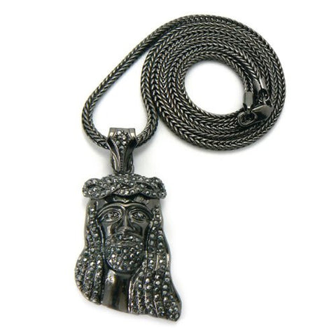 Pave Jesus Face Pendant in Hematite Tone w/ 36" Franco Chain GAP12HE