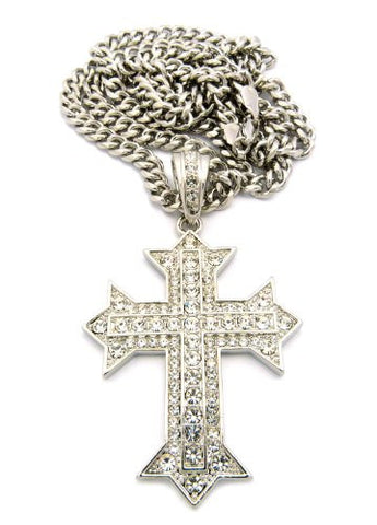 Gothic Cross Paved Pendant w/ 36" Cuban Link Chain - Silver Tone CP136R