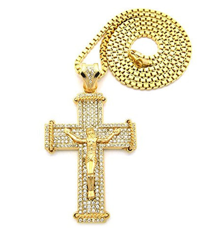 Crucifix Jesus Paved Rope Cross Pendant w/ 36" Box Chain - Gold Tone XP636GBX
