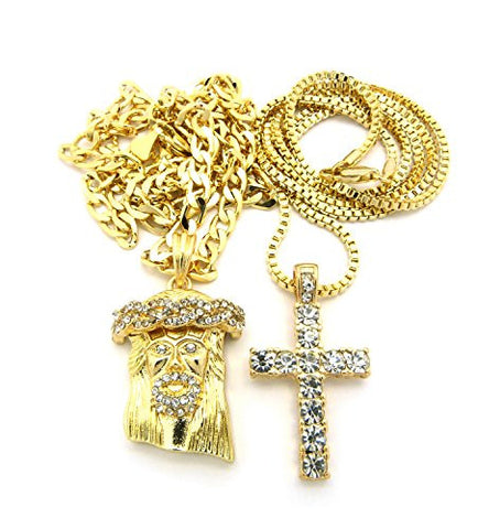 Crown of Thorns Jesus & Cross Paved Micro Pendant Necklace Set w/ 24" Cuban/Box Chains - Gold-Tone
