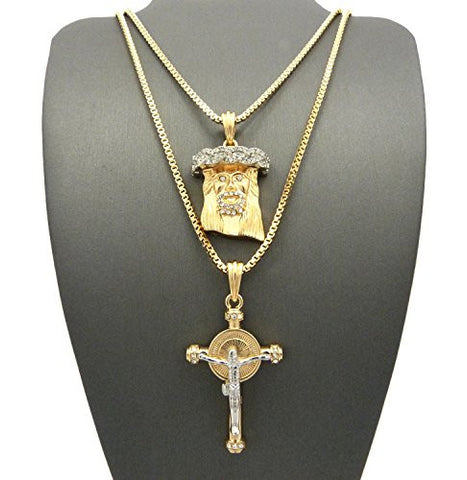 Two-Tone Pave Jesus & Halo Crucifix Cross Pendant Set w/ 24" 30" Box Chain Necklaces