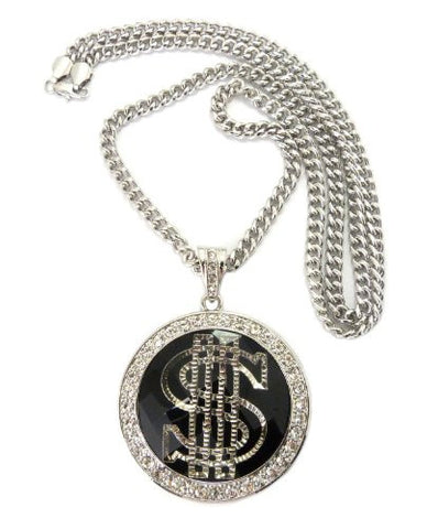 Dollar Sign Pave Faceted Stone Pendant in Silver Tone w/ 36" Cuban Chain CP41R