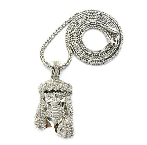 Silver Tone Paved Jesus Pendant w/ 30" Franco Chain GAP3R