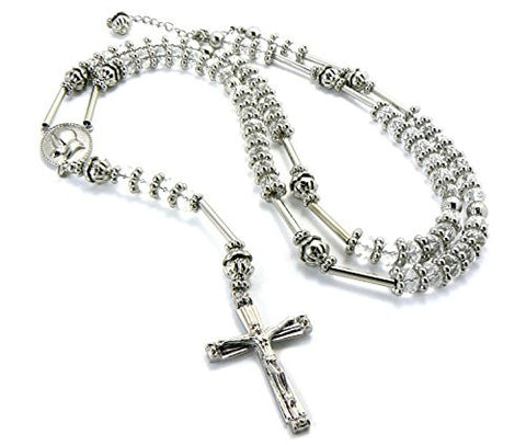 Praying Hands Crucifix Cross 39" Clear Glass Beads Rosary Necklace - Silver/Clear-Tone HR200SCL