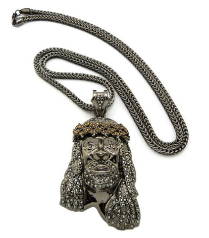 Crown of Thorns Jesus Paved Pendant 36" Franco Chain Necklace - Hematite/Gold-Tone MP449HE-HEGD