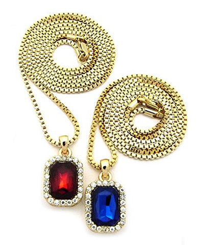 Pave Blue & Faux Ruby Stone Pendant Set 2mm 24" & 30" Box Chain Necklace in Gold-Tone