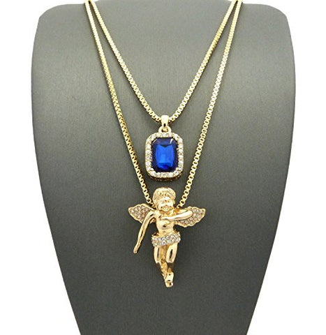 Pave Blue Stone & Pave Floating Angel Pendant Set 2mm 24" & 30" Box Chain Necklace in Gold-Tone