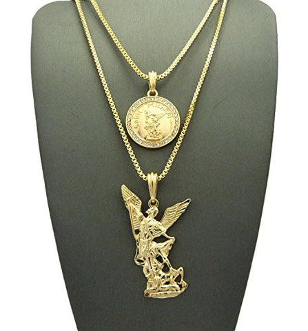 Stone Stud Saint Michael Medal & Archangel Pendant Set 2mm 24" & 30" Box Chains in Gold-Tone