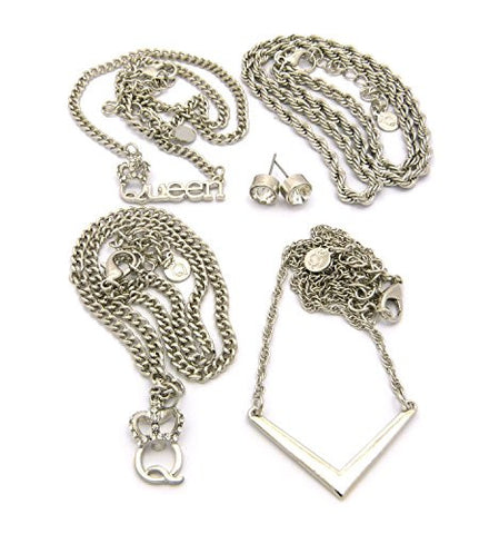 Queen & Crown Charm 4 Piece Assorted Chain Necklace with Rhinestone Stud Earrings in Silver-Tone