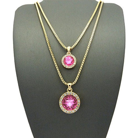 Pave Round Pink Stone Pendant Set w/ 2mm 24" & 30" Box Chain Necklace in Gold-Tone
