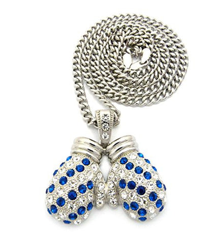 Rhinestone Studded Boxing Gloves Pendant 6mm 36" Cuban Link Chain Necklace - Blue/Silver-Tone