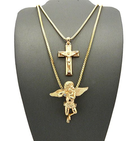 Stone Stud Crucifix Jesus Cross & Solitaire Angel Pendant 24" 30" Box Chain Necklace Set in Gold-Tone