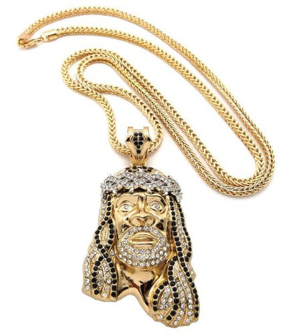 Crown of Thorns Jesus Paved Pendant with 36" Franco Chain Necklace - Black/Clear Gold-Tone MP449G-BKCR