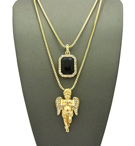 Stone Stud Praying Angel & Faux Onyx Stone Pendant Set 2mm 24" & 30" Box Chain in Gold-Tone