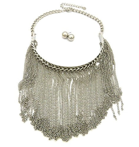 Women's Bohemian Tassel Fringe Choker Necklace and Ball Earrings Set in Silver-Tone