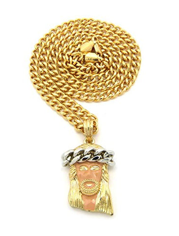 Colored Micro Jesus Pendant with 4mm 24" Cuban Link Chain Necklace - Peach/Gold/Silver-Tone