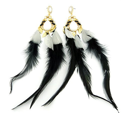 Fancy Epoxy Stone Accent 3 Feather Dangle Earrings in White/Gold-Tone