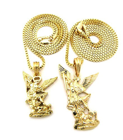Two Small/Big Archangel Pendant Necklace Set with 24" 30" Box Chains in Gold-Tone