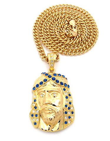 Criss-Cross Crown Rhinestone Studded Jesus Pendant with 6mm 36" Cuban Link Chain - Blue/Gold-Tone