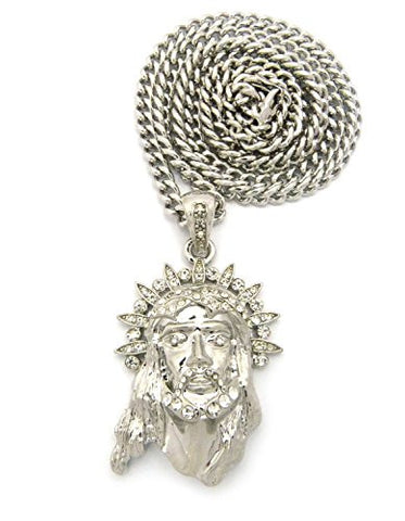 Pave Halo Crown of Thorns Jesus Pendant Necklace with 6mm 36" Cuban Link Chain - Silver-Tone