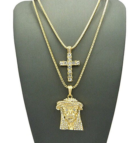 Stone Stud Single Row Cross & Jesus Face Pendant Set 2mm 24" & 30" Box Chains in Gold-Tone