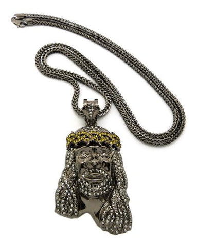 Crown of Thorns Jesus Paved Pendant with 36" Franco Chain Necklace - Hematite/Yellow-Tone MP449HE-HEYL