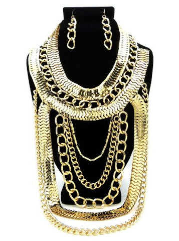 Gold Tone Assorted Chain Fashion Necklace w/ Chain Earrings DS1021GDCLR