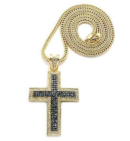 Iced Out 5 Row Thick Cross Pendant with 36" Franco Chain Necklace - Hematite/Gold-Tone MP536GHE