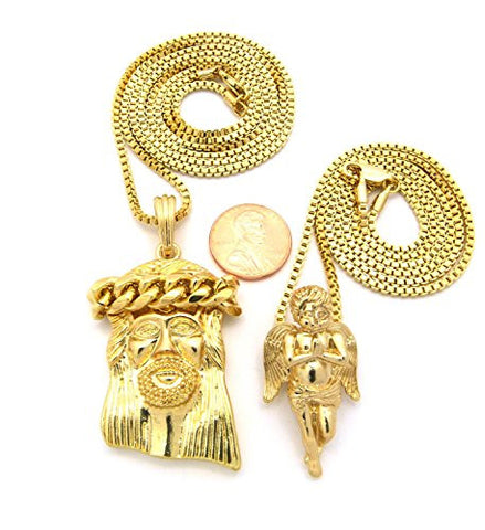 Thick Crown Jesus & Praying Angel Pendant Set with Box Chain Necklaces in Gold-Tone RC496G