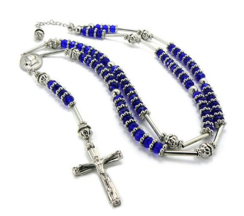Silver Tone Praying Hands Jesus Cross 39" Blue Glass Beads Rosary Necklace