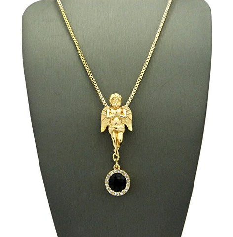 Plain Praying Angel & Round Faux Onyx Stone Pendant Vertial Link Box Chain Necklace in Gold-Tone