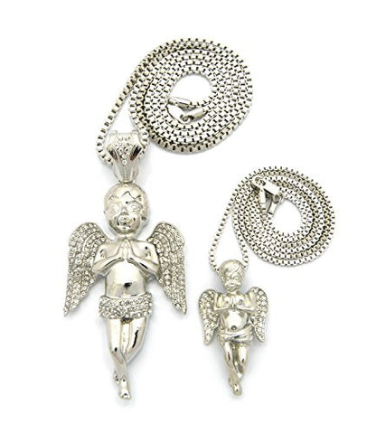 Paved Wing Praying Angel Pendant Necklace Set with Multi-Length Box Chains - Silver-Tone RC401R