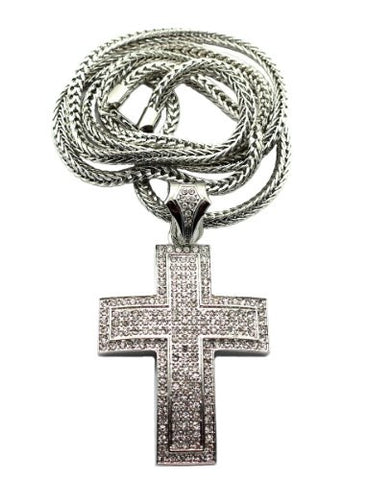 Thick Carved Silver Tone Iced Out Cross Pendant w/ 4mm 36" Franco Chain