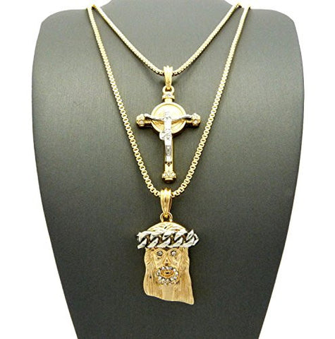 Two-Tone Celtic Cross with Thick Crown Jesus Pendant 24" 30" Box Chain Necklace