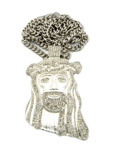 Jesus Face Paved Flat Pendant w/ 36" Cuban Link Chain - Silver Tone CP134R