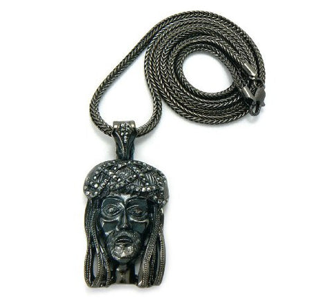 Hematite Tone Crown of Thorns Jesus Pendant w/ 30" Franco Chain GAP14HE