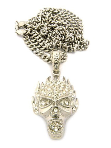 Flaming Skull Rhinestone Studded Pendant w/ 36" Cuban Chain - Silver Tone CP135R