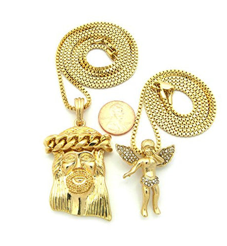 Thick Crown Jesus & Pave Flying Angel Pendant Set with Box Chain Necklaces in Gold-Tone RC498G