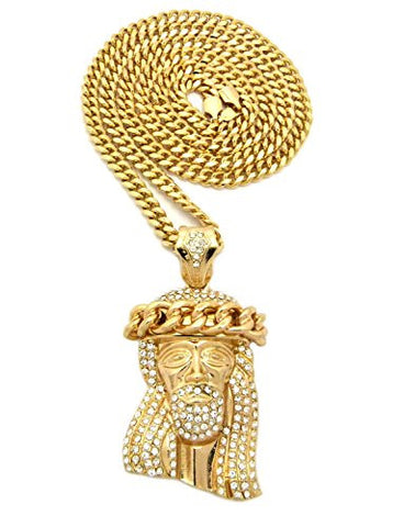 Cuban Crown Stone Stud Jesus Head Pendant 6mm 36" Miami Cuban Chain Necklace in Gold-Tone
