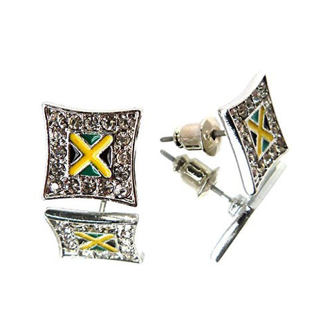 Flag of Jamaica Iced Out Kite Stud Earrings in Silver-Tone XE1049R