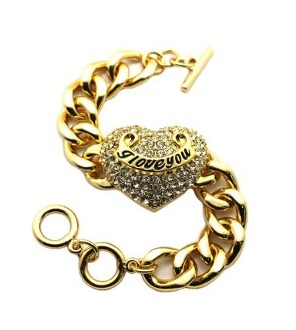 I Love You Engraved Pave Heart Charm 7.5" Bracelet in Gold-Tone