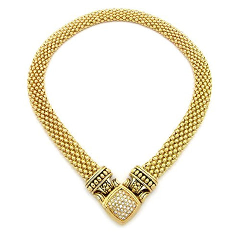 Antique Style Pave Square Pendant Magnetic Closure Popcorn Chain Necklace