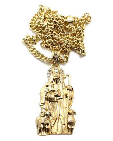 Jesus and Lambs Pendant in Gold Tone w/ 36" Miami Cuban Chain CP77G