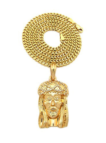 Crown of Thorns Jesus Pendant 3mm 24" Concave Cuban Chain Necklace in Gold-Tone