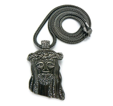 Rhinestone Jesus Pendant in Hematite Tone w/ 36" Franco Chain GAP4HE