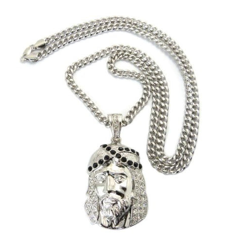 Iced Out Jesus Pendant in Silver/Black Tone w/ 6mm 36" Cuban Chain CP31RBK
