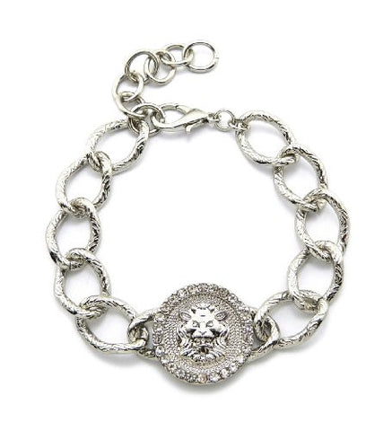 Pave Edge Lion Head Medal Charm Chain Bracelet in Silver-Tone HYBR-4R