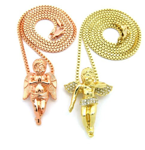 Cherub Angel Pave & Solid Micro Pendant Set w/ Box Chains