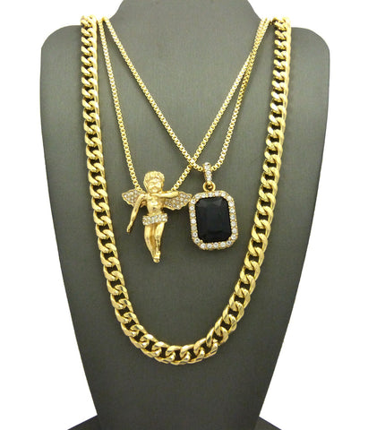 Colored Gemstone & Hip Hop Pendant Set on Box Chains with Cuban Chain in Gold-Tone