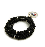 Stone Stud Cuba Waving Flag Medal Pendant with 6mm 30" Wood Bead Color Disc Necklace, Black Wood/Silver-Tone